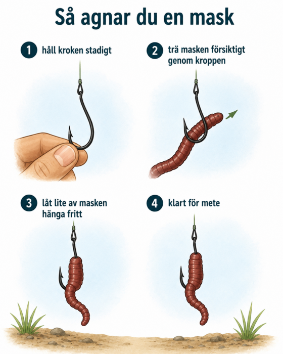 Stegvis illustration som visar hur mask träs på den spetsiga delen och böjen av en fiskekrok.