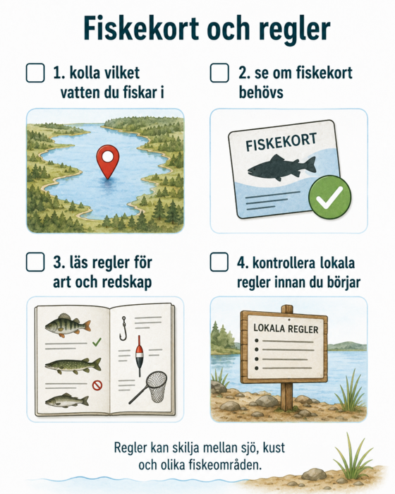 Checklista för fiskekort och regler: vatten, fiskekort, art, redskap och lokala regler.