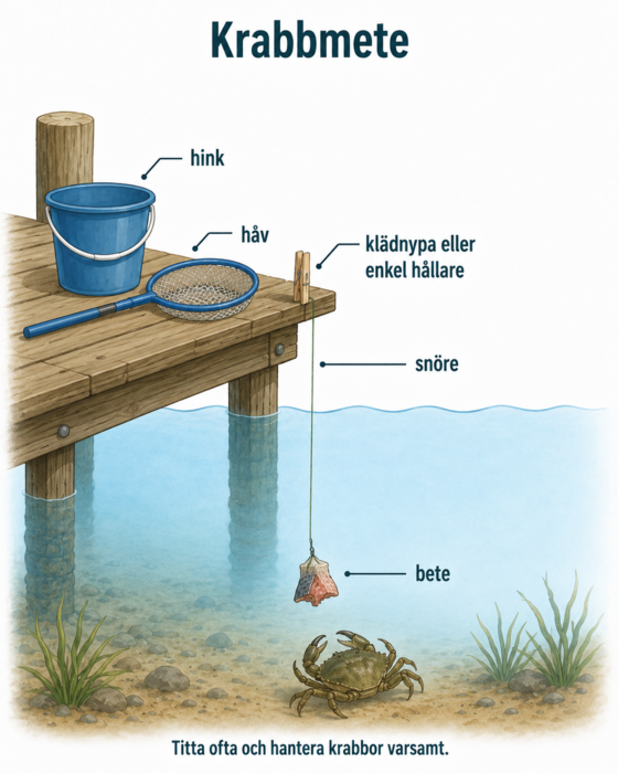 Illustration som visar krabbmete med snöre, bete, klädnypa, hink och håv.