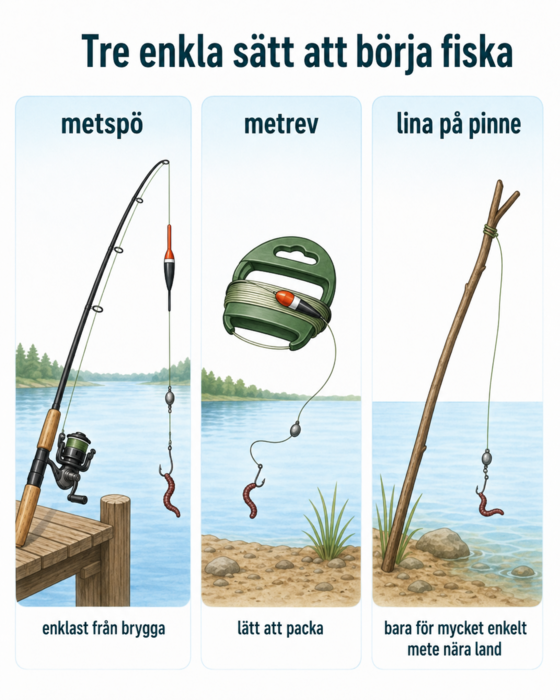 Tre enkla sätt att börja fiska: metspö, metrev och lina på pinne.